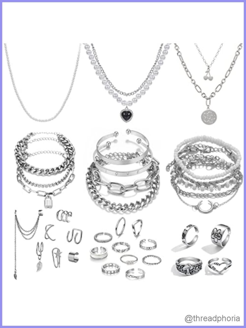 36 Pcs Silver Plated Jewelry Set with Necklaces, Bracelets, Ear Cuffs, Rings,